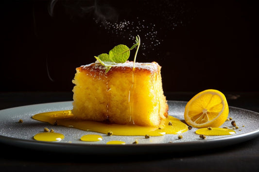 Gâteau de polenta au citron piqué avec une glaçure d'agrumes