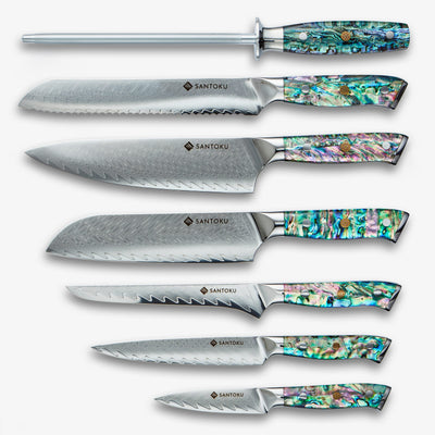 Chikashi (ちかし) Damaskus -Stahlmesser mit Abalone -Griff