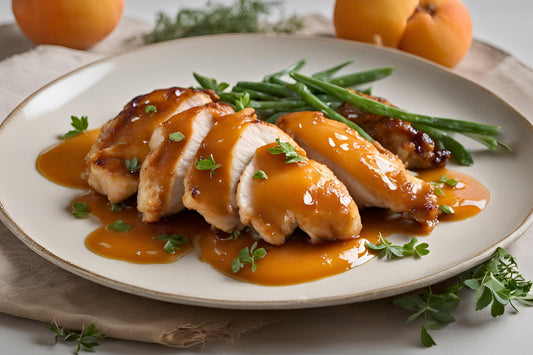 Vergaangene Aprikos Poulet mat frësche Kraider