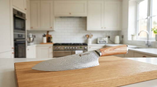 Haruta 8 inch VG10 Damascus Japanese gyuto chef knife with its maker's mark on the blade, on a light-oak chopping board in a bright kitchen