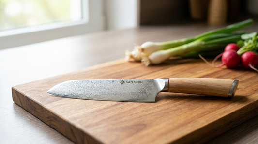 A Japanese VG10 Damascus steel santoku knife on a wooden chopping board in a softly lit kitchen