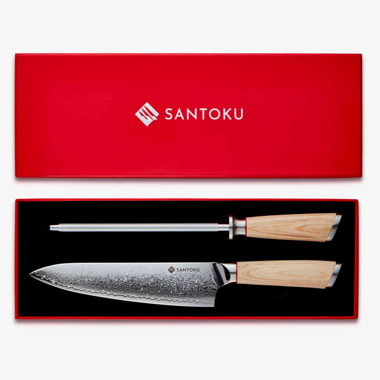 Haruta Coffret VG10 Couteau de chef japonais en acier damas de 8 pouces et acier à aiguiser diamant de 13 pouces