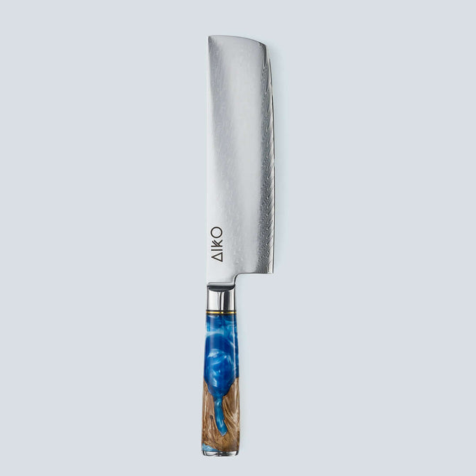 Aiko-Messer aus blauem Damaststahl mit farbigem blauem Harzgriff