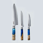 Aiko-Messer aus blauem Damaststahl mit farbigem blauem Harzgriff