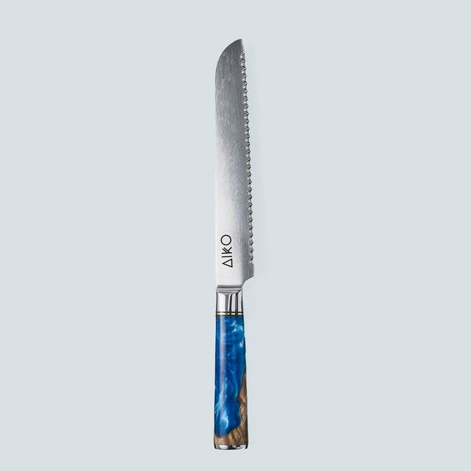 Aiko-Messer aus blauem Damaststahl mit farbigem blauem Harzgriff