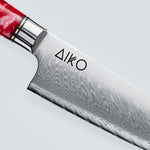 Aiko-Messer aus rotem Damaststahl mit farbigem rotem Harzgriff