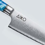 Aiko-Messer aus blauem Damaststahl mit farbigem blauem Harzgriff