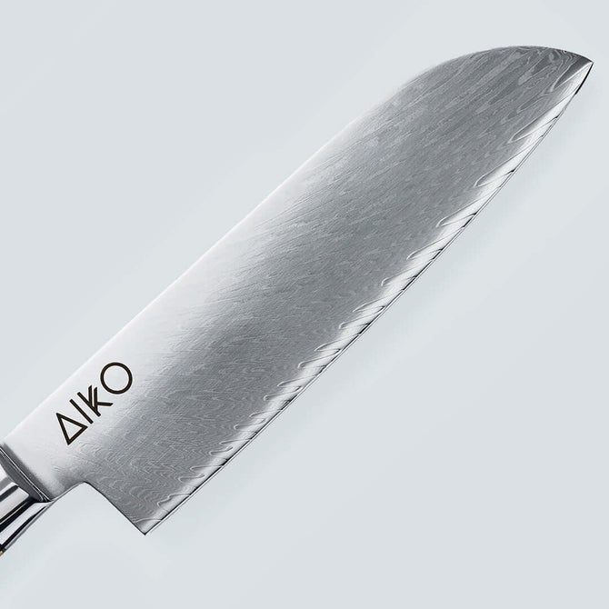 Aiko-Messer aus blauem Damaststahl mit farbigem blauem Harzgriff