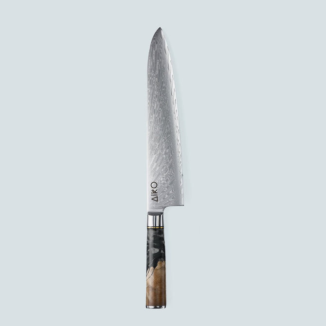 Aiko-Messer aus schwarzem Damaststahl mit farbigem schwarzem Harzgriff