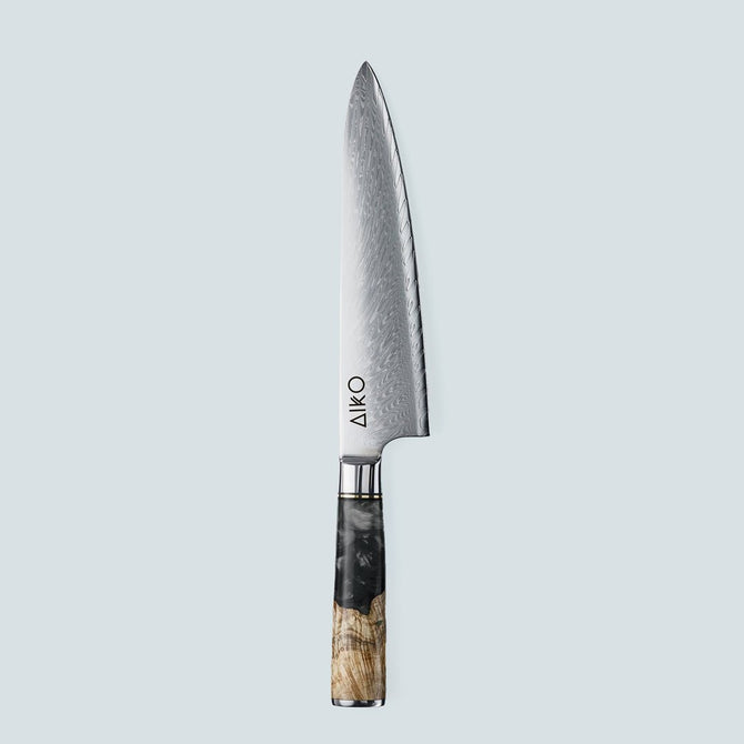 Aiko-Messer aus schwarzem Damaststahl mit farbigem schwarzem Harzgriff