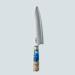 Aiko-Messer aus blauem Damaststahl mit farbigem blauem Harzgriff
