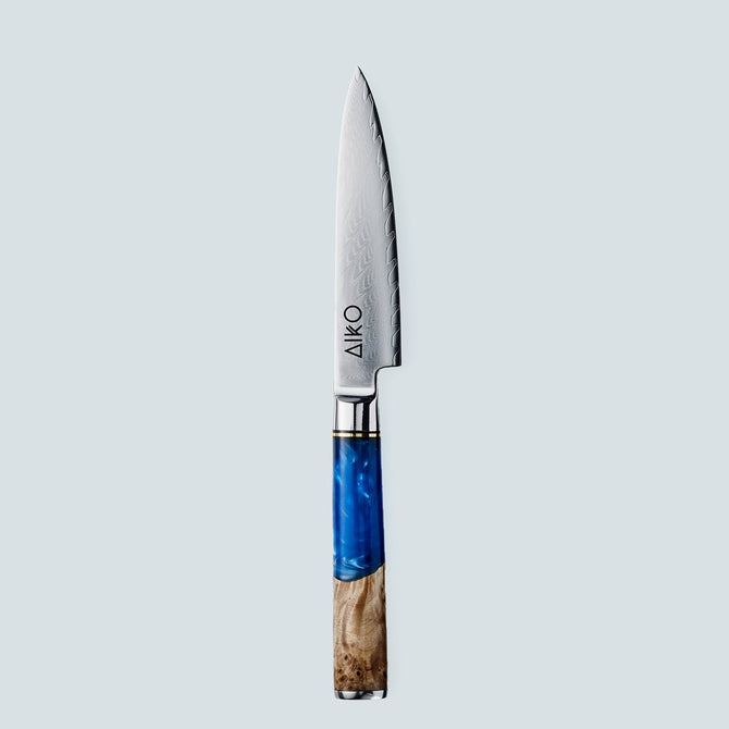 Aiko-Messer aus blauem Damaststahl mit farbigem blauem Harzgriff
